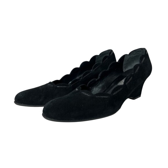 Prevata Italy Black Suede Scalloped Wedge Pumps  Size 8.5  Whimsygoth Date Night - Picture 1 of 10